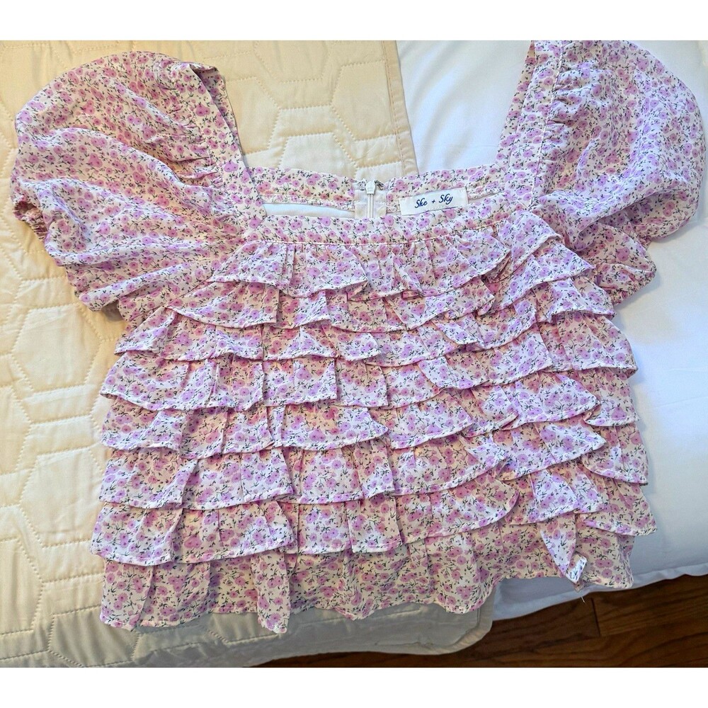 She + Sky Pink White Floral Square Neck Ruffle Puff Sleeve Blouse Size S